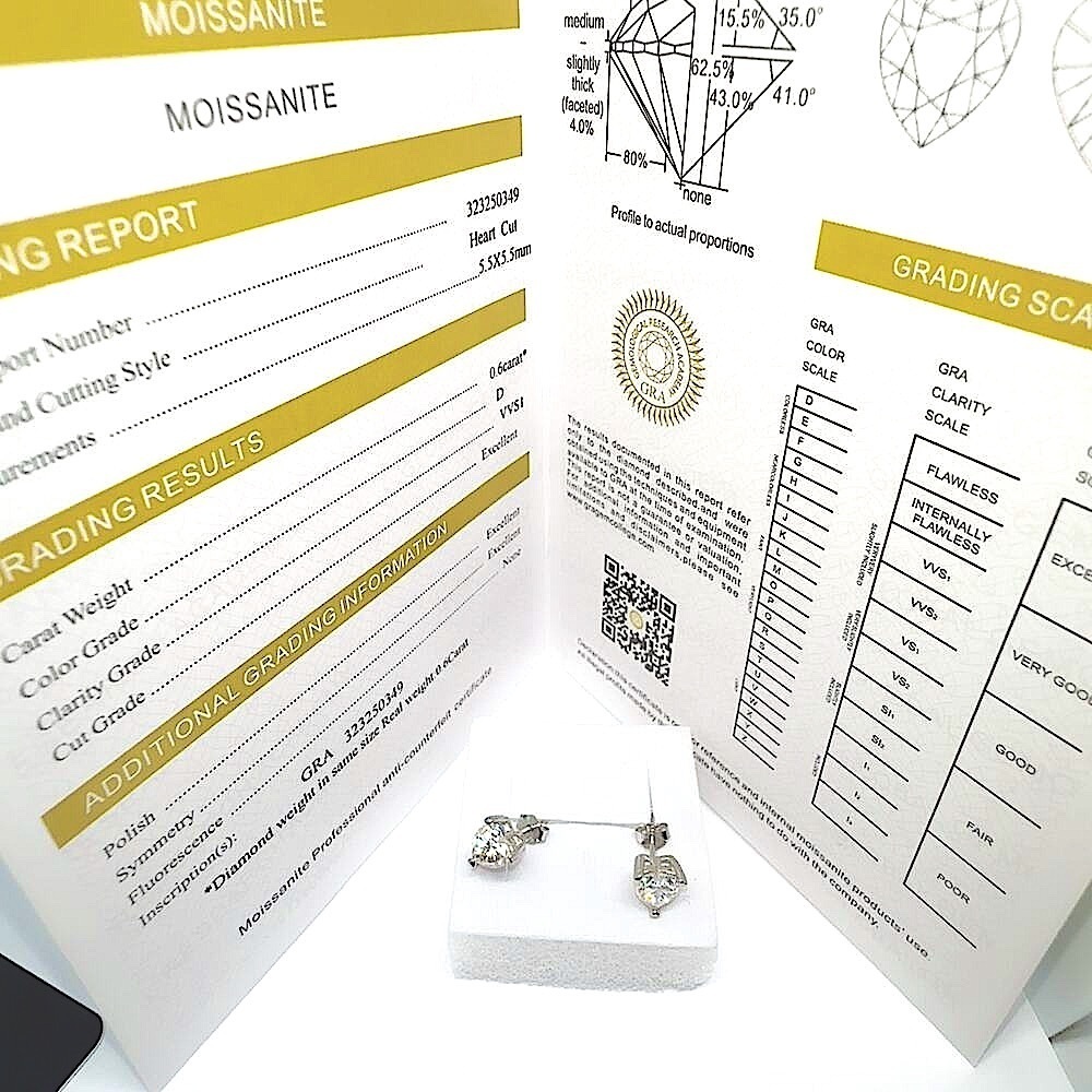 Moissanite Heart Cut Stud Earrings 925 Silver GRA Certified - Picture 4 of 5